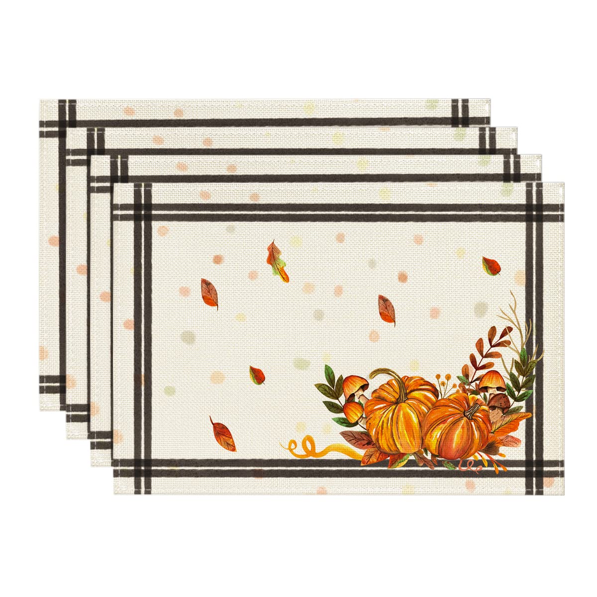 Artoid Mode Pumpkins Mushrooms Leaves Placemat for Dining Table, 12 x 18 Inch Fall Autumn Harvest Holiday Rustic Vintage Washable Table Mat Set of 4