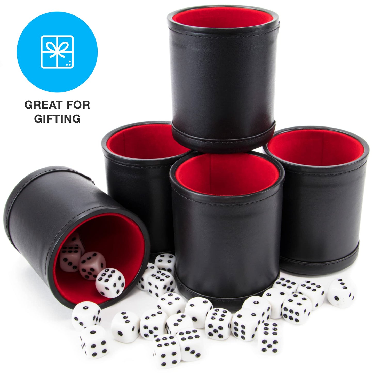 Brybelly Dice Set with Dice Shaker Cup - Perfect for Casino Dice Game for Family Leather - Poker Dice Shaker - 5 Red Lined Dice Cups and 25 Dice Sets