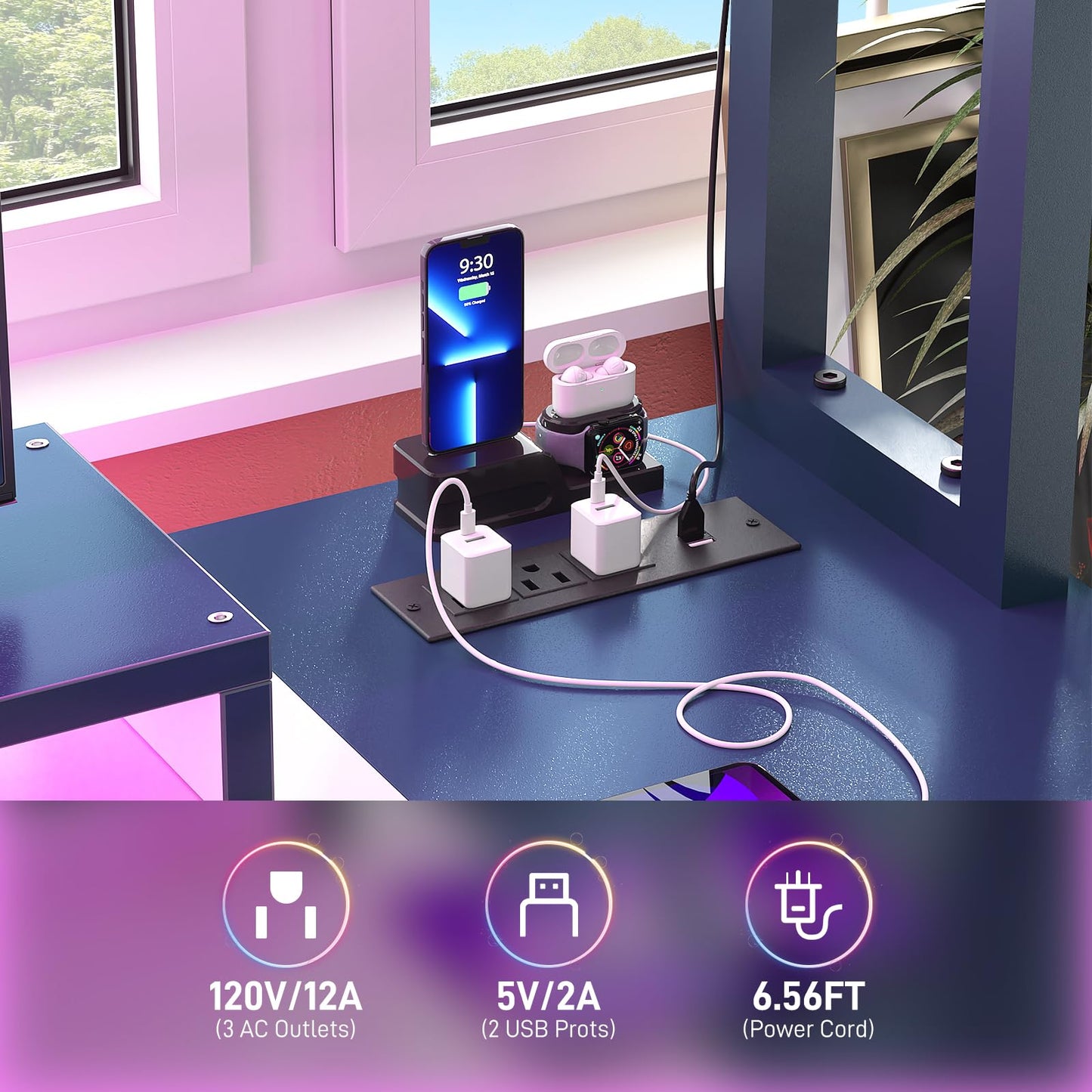 iSunirm 48 Gaming Desk with Hutch, Large Computer Desk with LED and Charging Station, Home Office Desk with Pegboard, Power Outlet, Storage and Monitor Stand, 48'' Gamer Desk PC Table, White