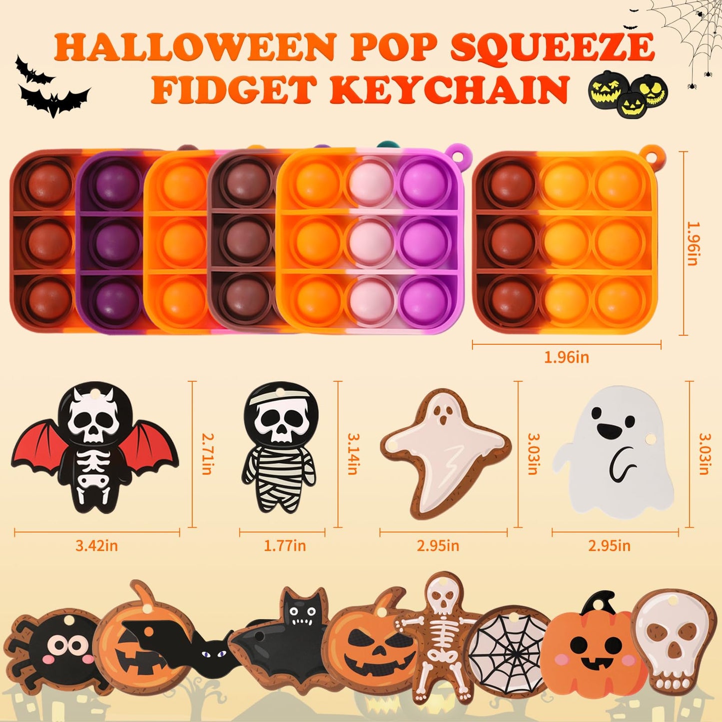 64Pack Halloween Mini Pop Fidget Toys Pack with Cartoon Letter Party Favors, Silicone Squeeze Pop Bubble Fidget Bulk Sensory Toys, Pop Keychain Bubble Toy Party Bag Fillers for Kids