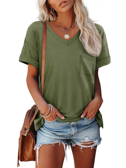ATHMILE Womens T Shirts 2024 Short Sleeve V-Neck Shirts Cute Fit Summer Casual Tee Tops S-XXL Army Green
