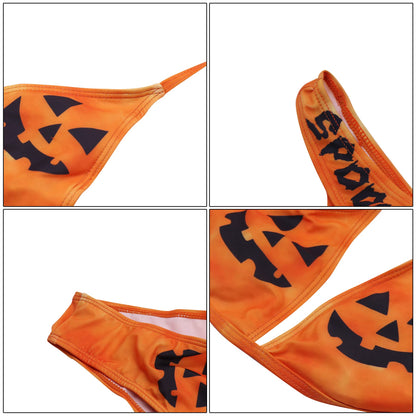 ANKOMINA Women Gothic Skull Letter Printed Two Piece Swimsuit High Cut Triangle Bikini Set for Rave Party Festival Halloween Orange