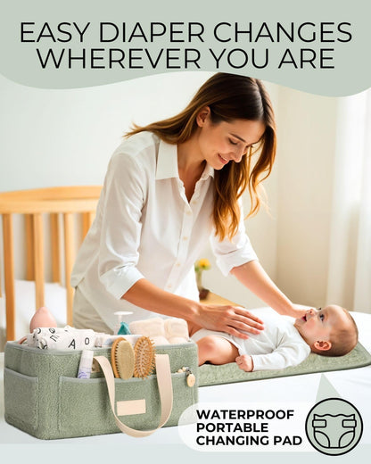 Baby Diaper Caddy Organizer with Portable Changing Mat - Teddy Fleece Diaper Organizer for Changing Table - Baby Basket for Diaper Changing Essentials - Baby Caddy Organizer with Removable Dividers