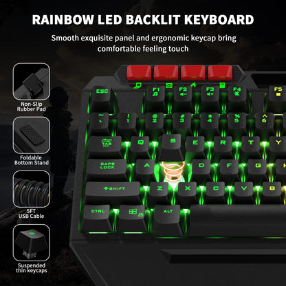 AULA Gaming Keyboard Mouse Headset and Mousepad Combo, RGB LED Backlit Gaming Keyboard Bundle, USB Wired Keyboards Combo for PC Gamer, Xbox, PS4 Users