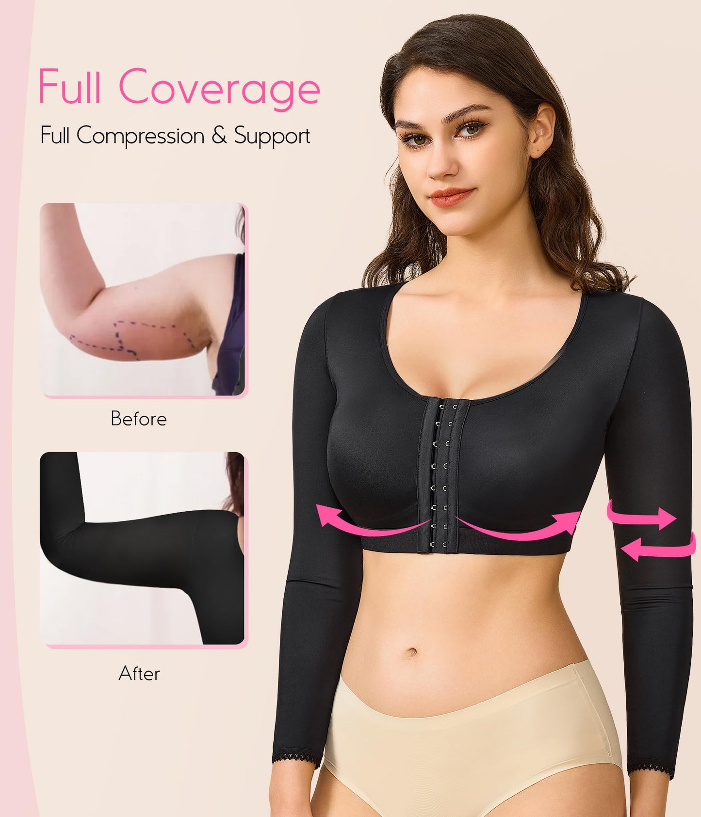 BRABIC Shaper Tops for Women Arm Compression Post Surgery Front Closure Bra Tank Top Shapewear (Black Long Sleeve, Medium)