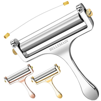 Bellemain Stainless Steel Wire Cheese Slicer - Hand Held Cutter for Cheddar, Gruyere, Raclette, Mozzarella Block, Adjustable Shaver, Thick & Thin Slicer, Curler (Silver)