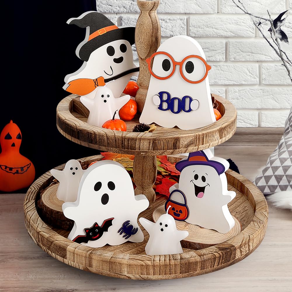 AKEROCK Cute Halloween Decorations Indoor - Halloween Decor/Ghost Decor, 4 PCS Wooden Ghost Halloween Signs for Table, Office Desk, Tiered Tray, Fireplace Mantle - Spooky Halloween Ghost Decorations