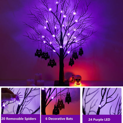 Beterzack 2FT Black Halloween Tree, Spooky Tree with 20 Spider & 24 Purple Lights and 6 Bat Decorations Battery Powered Tabletop Bonsai Tree Decoration for Halloween and Indoor