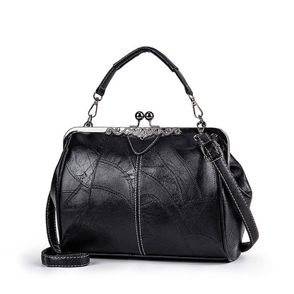 Women Vintage Hollow Handbag Oil Leather Shoulder Crossbody Bag Clutch Satchel Purse with Kiss Lock Closure (black)