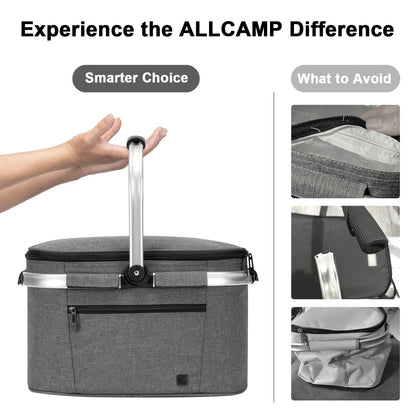 ALLCAMP Insulated Cooler Bag Portable Collapsible Picnic Basket Cooler Bag Collapsible, Leakproof, Lightweightwith Sewn in Frame (Medium Gray)
