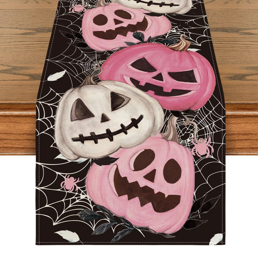 Artoid Mode Pink Pumpkins Spider Web Halloween Table Runner, Seasonal Fall Black Kitchen Dining Table Decoration for Home Party Decor 13x72 Inch