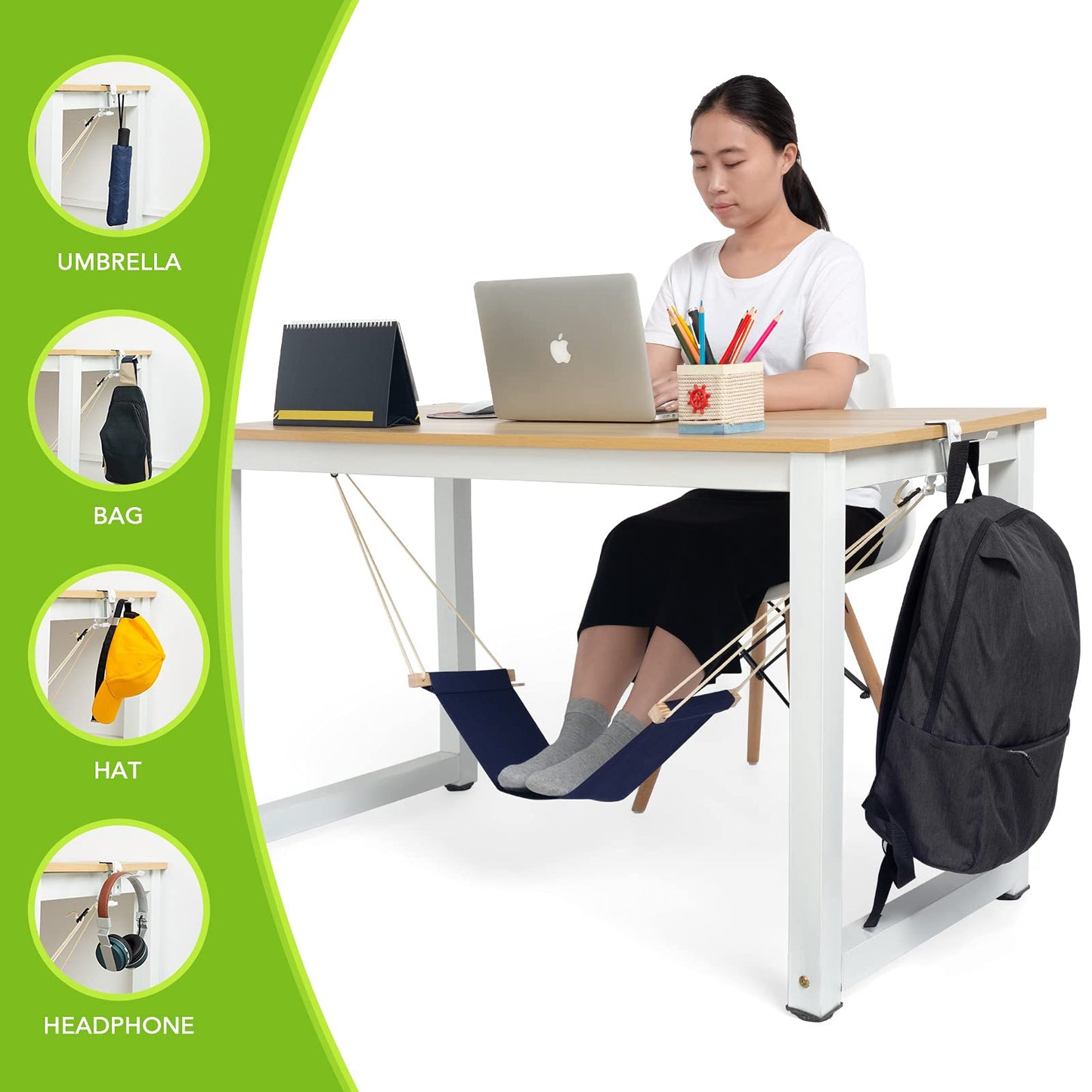 iMissiu Adjustable Office Foot Rest | Portable Under Desk Hammock with Headphones Holder (Blue)