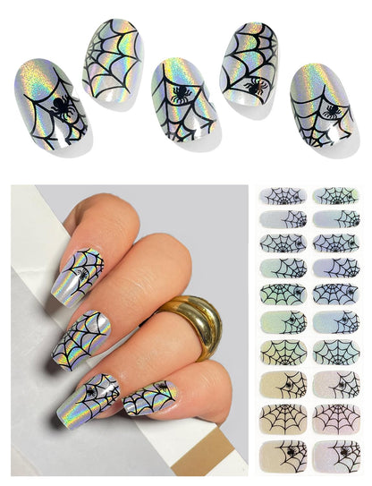 AutyaMee Semi Cured Gel Nail Strips (Laser Spider Web), Halloween, 20 Pcs Gel Nail Wraps, Stickers, UV Light Required, Salon Quality, Long Lasting