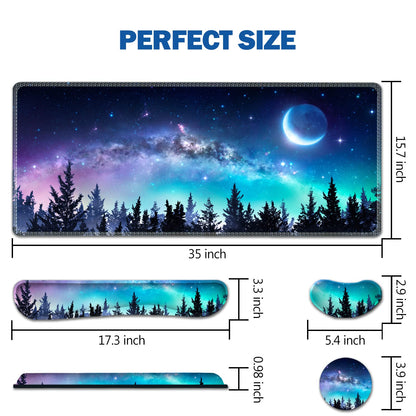 AIMSA Large Gaming Mouse Pad Set, Keyboard Wrist Rest Support + Extended Mouse Pad + Mouse Wrist Cushion + Coaster, Ergonomic Memory Foam Multifunctional Desk Mat 35x15.7inch (Forest Moon Sky)