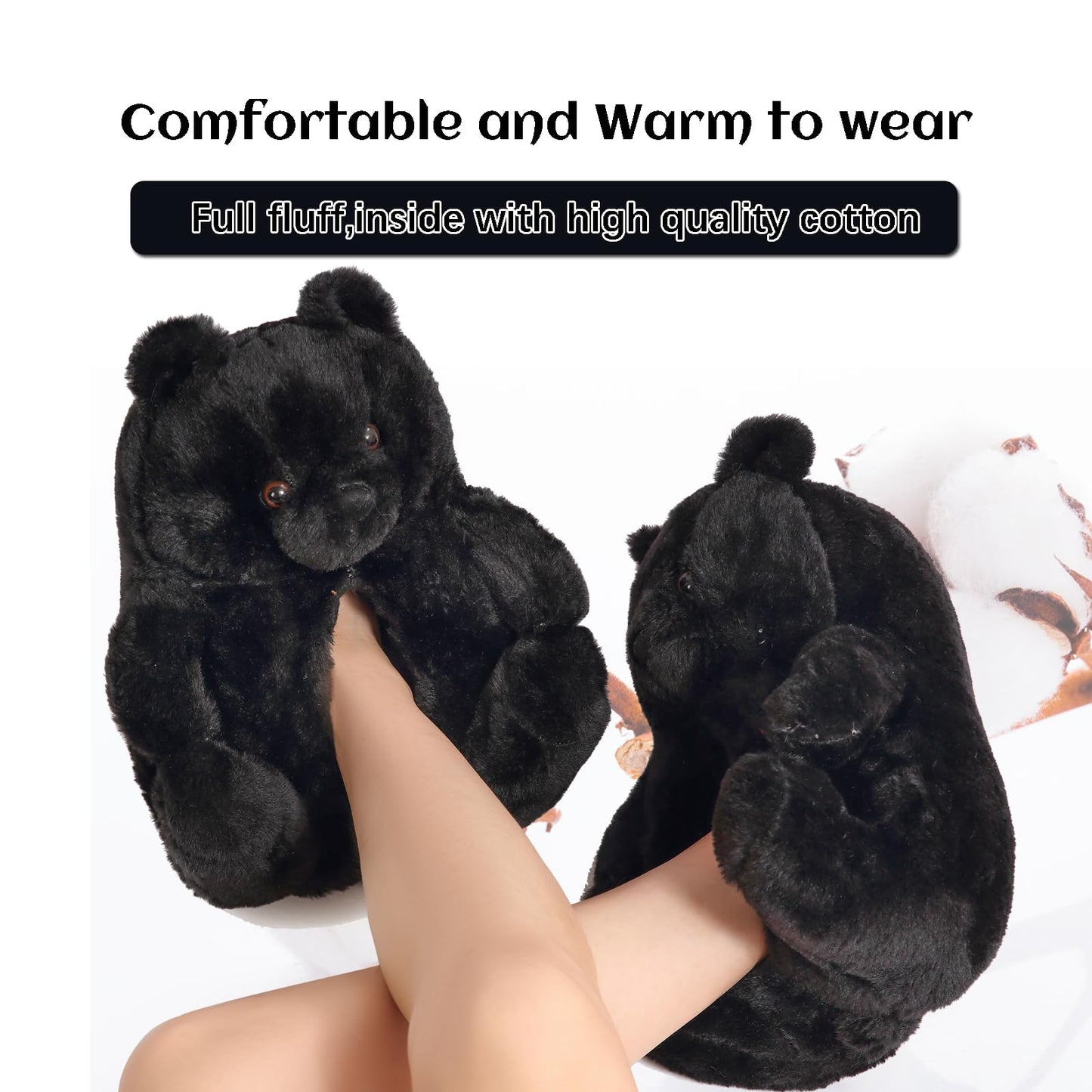 Women's Teddy Bear Slippers Black Fuzzy Slippers for Women Indoor Cute House Slippers for Women Ladies Teen Girls Fluffy Funny Bedroom Animal Slippers for Women Birthday Valentine's Day Gift Ideas