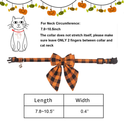 ADOGGYGO Halloween Cat Collars with Removable Bow Bell, 2 Pack Orange Purple Plaid Halloween Bowtie Collar for Cats Kittens