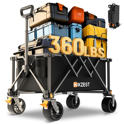 Hikzest Collapsible Wagon Cart Foldable, 360LBS Heavy Duty Utility Wagon, Beach Wagon with Wider Wheels, Portable Grocery Cart for Camping, Shopping, Garden, Sports, Black