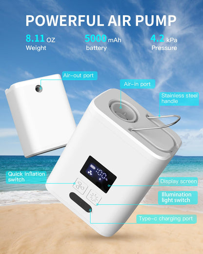 Air Pump for Inflatables Mini Air Mattress Pump Portable Electric Air Pump for Pool Floats,Swimming Rings, Sleeping Pads, Vacuum Storage Bags 5X with 5000mAh Battery & Light, USB Rechargeable