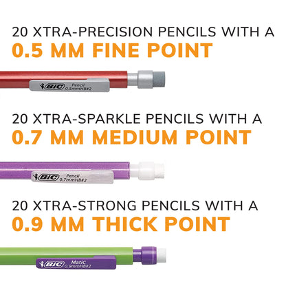 BIC Mechanical Pencil Variety Pack, Number 2 Mechanical Pencils With Erasers, Fine Point (0.5mm), Medium Point (0.7mm) and Thick Point (0.9mm), 60 Count, Bulk Mechanical Pencils for School or Work