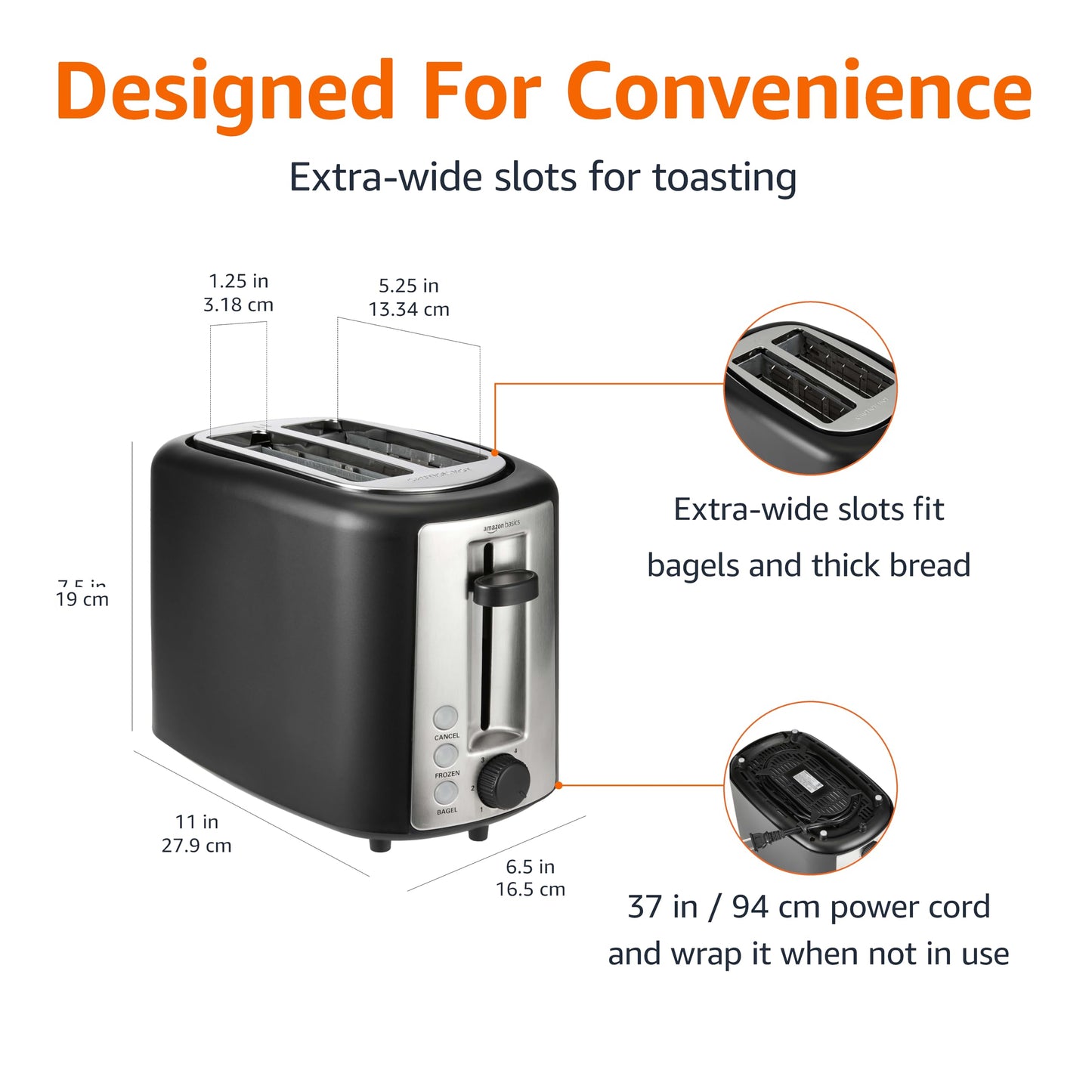 Amazon Basics 2 Slice Toaster, With 6 Browning Settings, Extra Wide Slots For Bagels and Special Breads, Removable Easy-to-Clean Crumb Tray, Cancel/Defrost/Bagel Buttons, 900W, Black & Silver