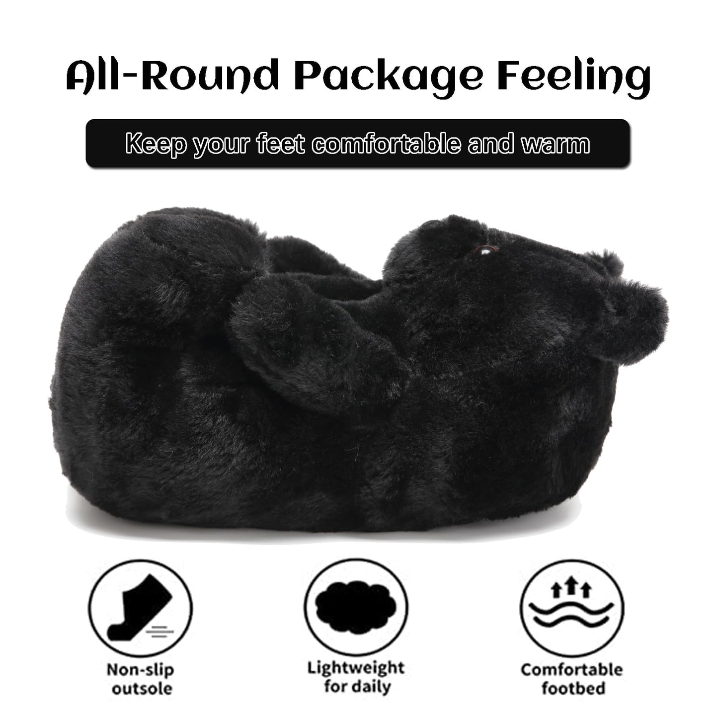 Women's Teddy Bear Slippers Black Fuzzy Slippers for Women Indoor Cute House Slippers for Women Ladies Teen Girls Fluffy Funny Bedroom Animal Slippers for Women Birthday Valentine's Day Gift Ideas