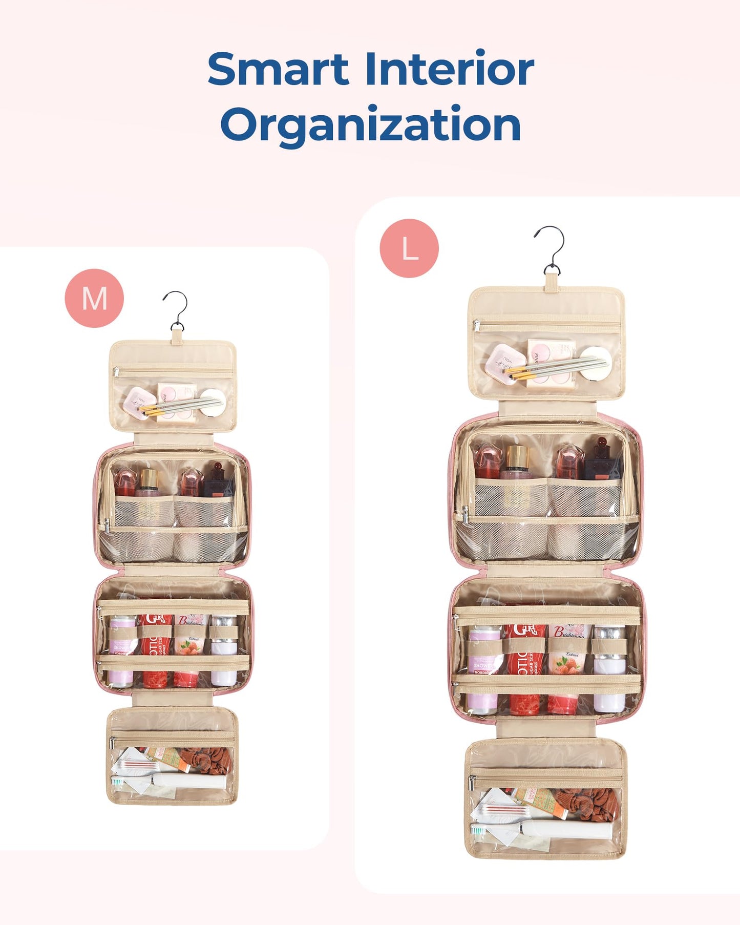 BAGSMART HangingToiletry Bag for Women, Puffy Travel Toiletry Bag with Jewelry Organizer, Waterproof Cosmetic Makeup Bag Compartment, Toiletries Kit Set for Traveling, Accessories, Essentials (Large)