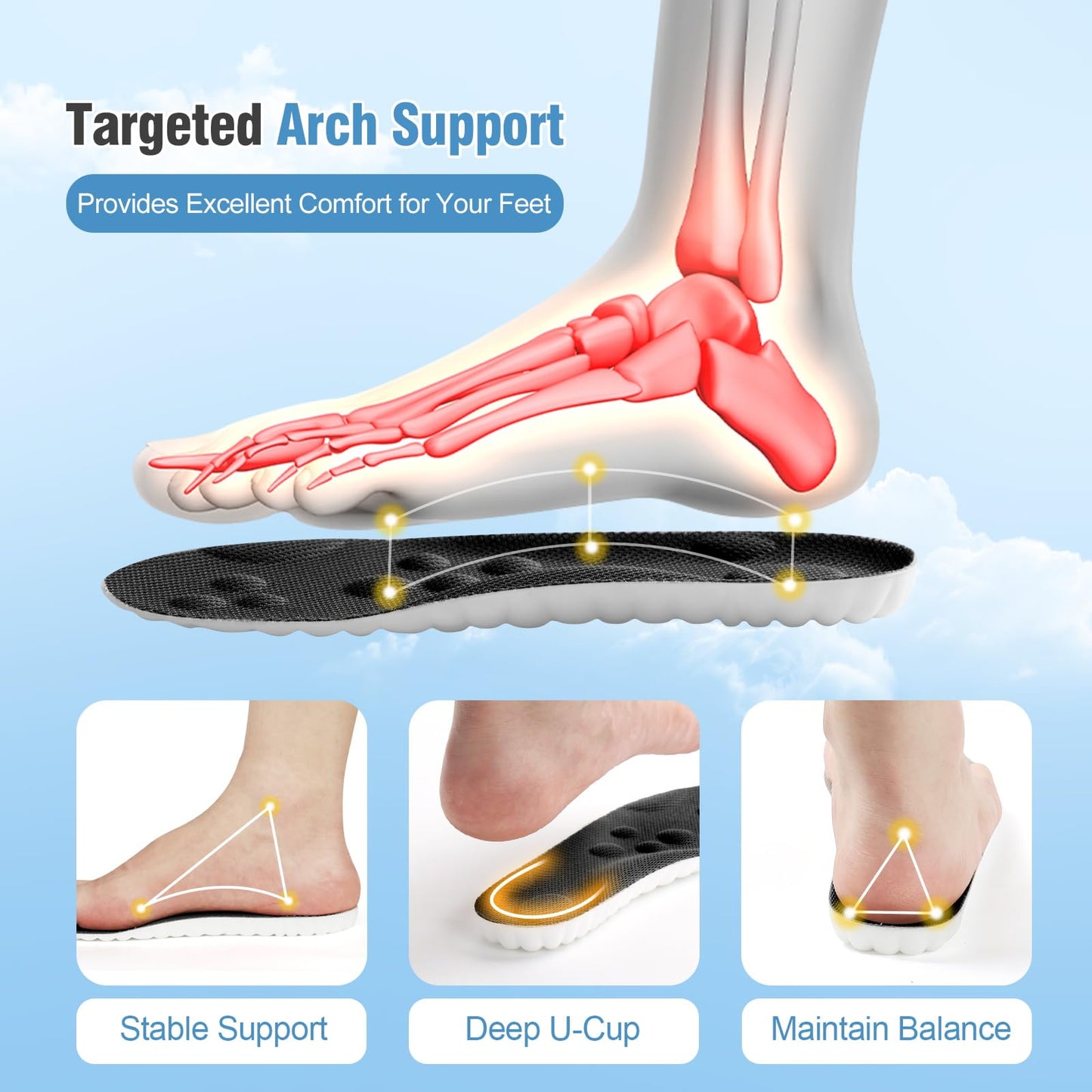 4D Cloud-Like Comfort Soles for Men - Soft Memory Foam Cushioning Insoles - Trim to Fit Steppers Insoles with Arch Support for Foot Pain Relief and Fatigue Reduction(US M 7.5-10.5)