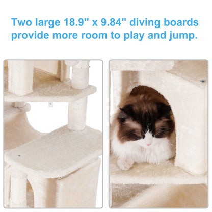 Hey-brother Cat Tree, 71 inches XL Large Cat Tower for Indoor Cats, Multi-Level Cat House with 3 Padded Perches, Big Scratcher, Cozy Basket, 2 Cat Condos and Scratching Posts, Beige MPJ034M