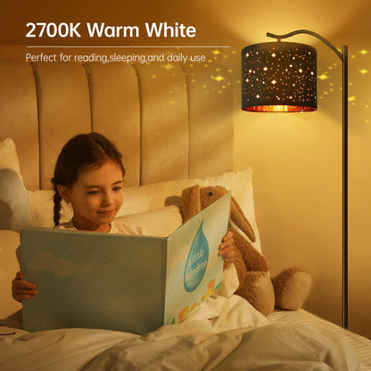 BoostArea Floor Lamp for Living Room,LED Arched Tall Modern Standing Lamp with Bohemian Linen Shade, E26 Socket, Footswitch,Black Mid Century Floor Lamp for Bedrooms,Office,Star Shade