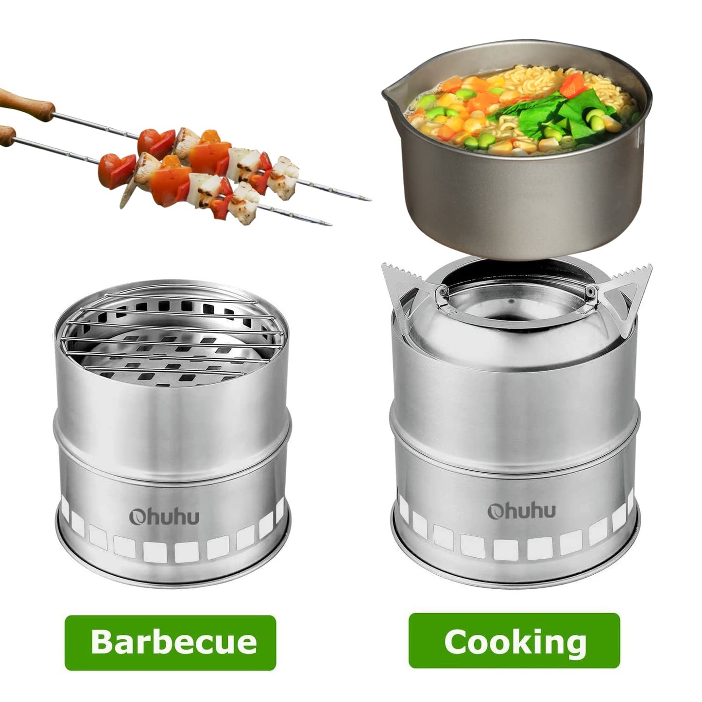 Camping Stove, Ohuhu Camp Stove Wood Burning Stove Stainless Steel Stoves Mini Portable Stove for Camping Picnic BBQ Backpacking Hiking Survival Emergency Cooking Outdoor with Grill Grid Carry Bag