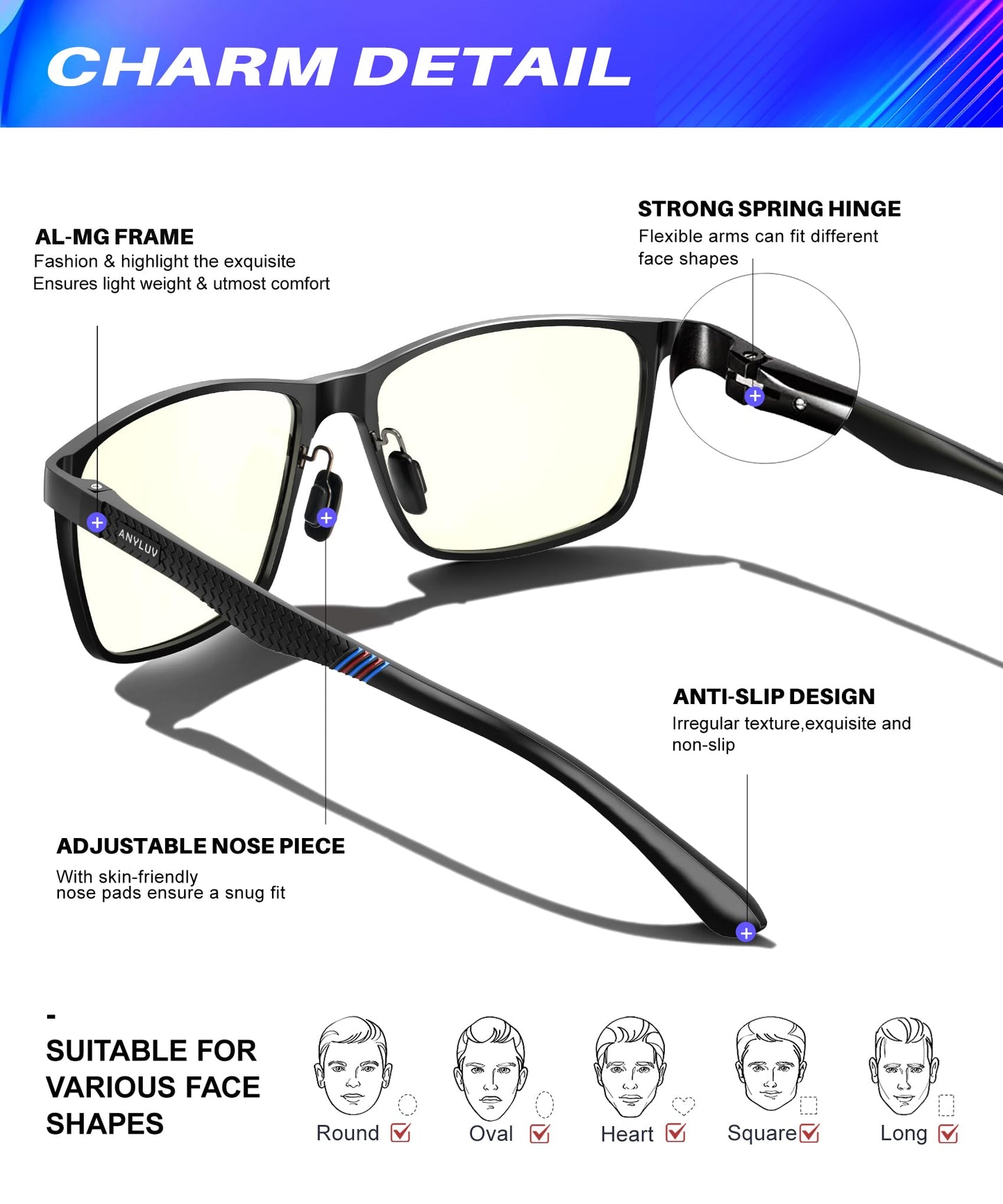 ANYLUV Blue Light Glasses Men/Women, Al-Mg Metal Computer Blue Light Blocking Glasses, Relieve Eyestrain and Eye Protection