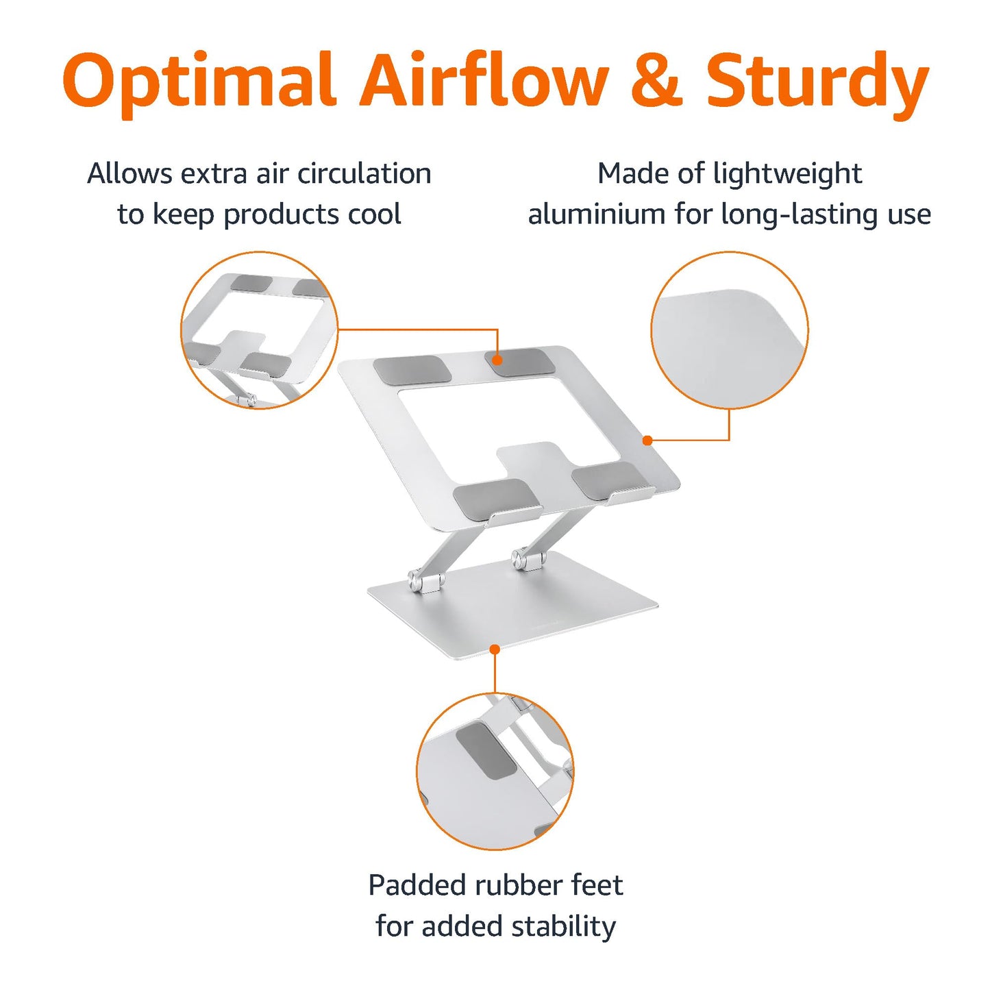 Amazon Basics Sturdy and Portable Ergonomic Laptop Stand for Desk, Adjustable Riser, Fits all Laptops and Notebooks up to 17.3 Inch, Silver, 10 x 8.7 x 6 in