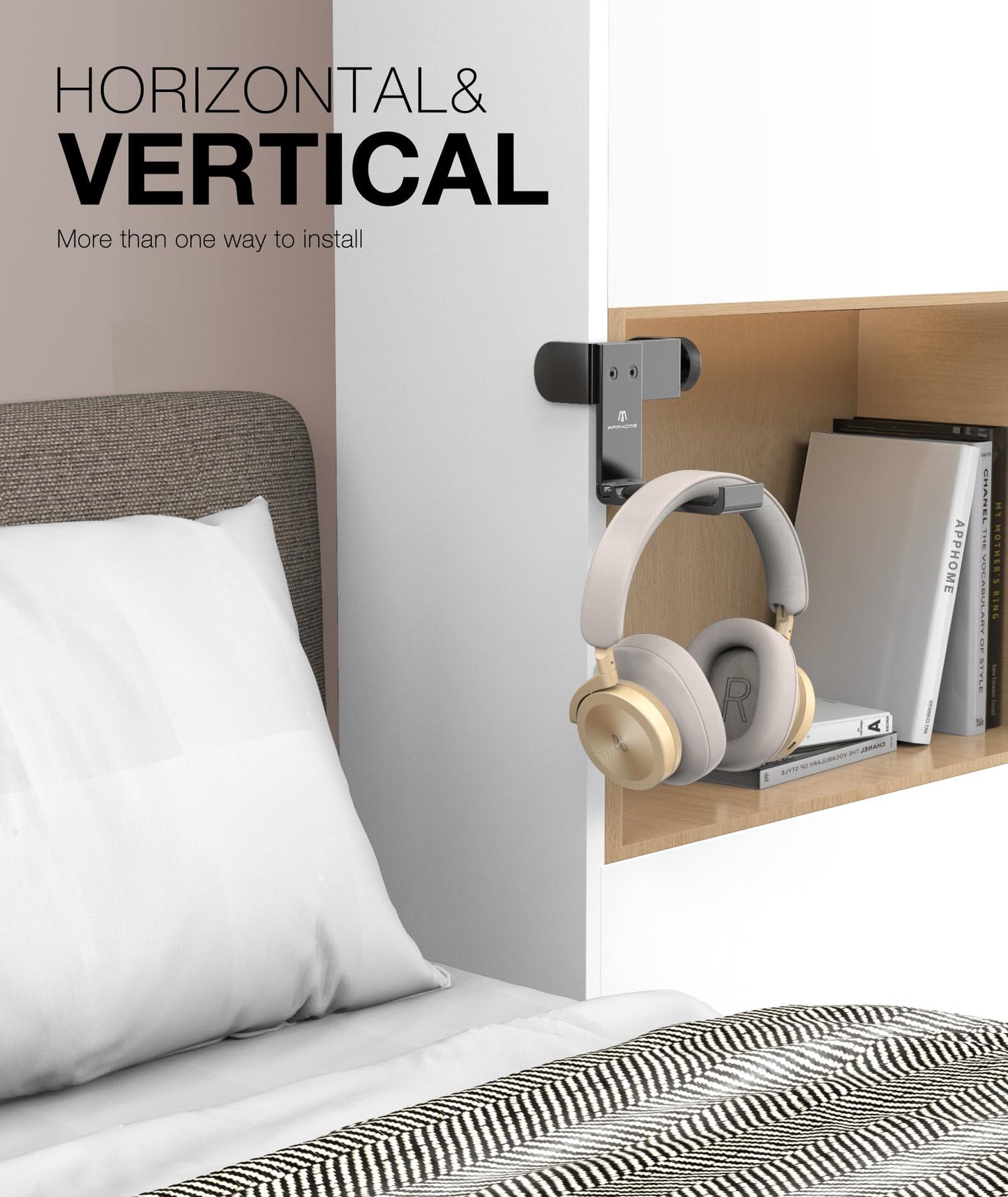 APPHOME New Foldable Headphone Stand Hanger Holder Aluminum Headset Soundbar Stand Clamp Hook Under Desk Space Save Mount, Universal Fit Gaming Headphones, Black