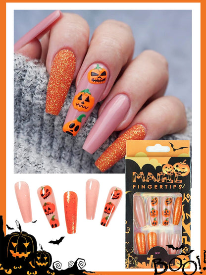 96 Pcs Halloween Press on Nails, Wsimily Halloween Long Coffin Acrylic Artificial False Nails Fake Nail with 96 Pcs Nail Adhesive Tabs, Pumpkin Spider Bat Design for Women Girl Nail Art Decoration