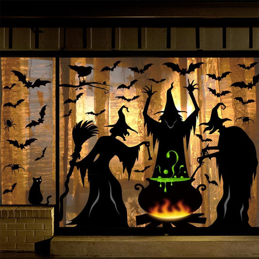 Bunny Chorus Halloween Decorations Window Clings Decor, Extra Large 3 Witches with Black Cat Bat Spider Cauldron Silhouette Halloween Window Stickers Indoor, School Home Office Party Supplies 4 Sheets