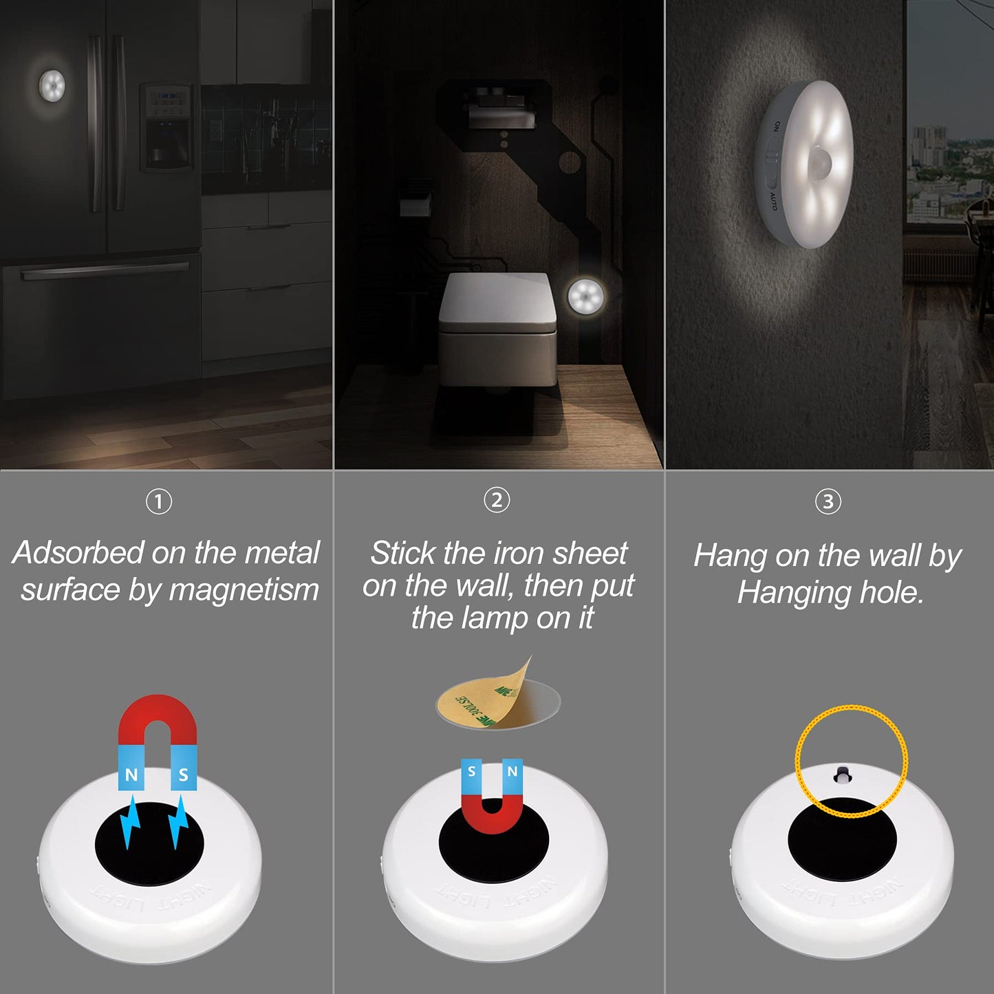 ICEKO Night Light with Motion Sensor, Lamp with Motion Sensor Indoor, USB Battery Rechargeable, 6 LED Motion Sensor for Cabinet, Hallway, Bedroom, Children's Room (White, 3 Pieces)