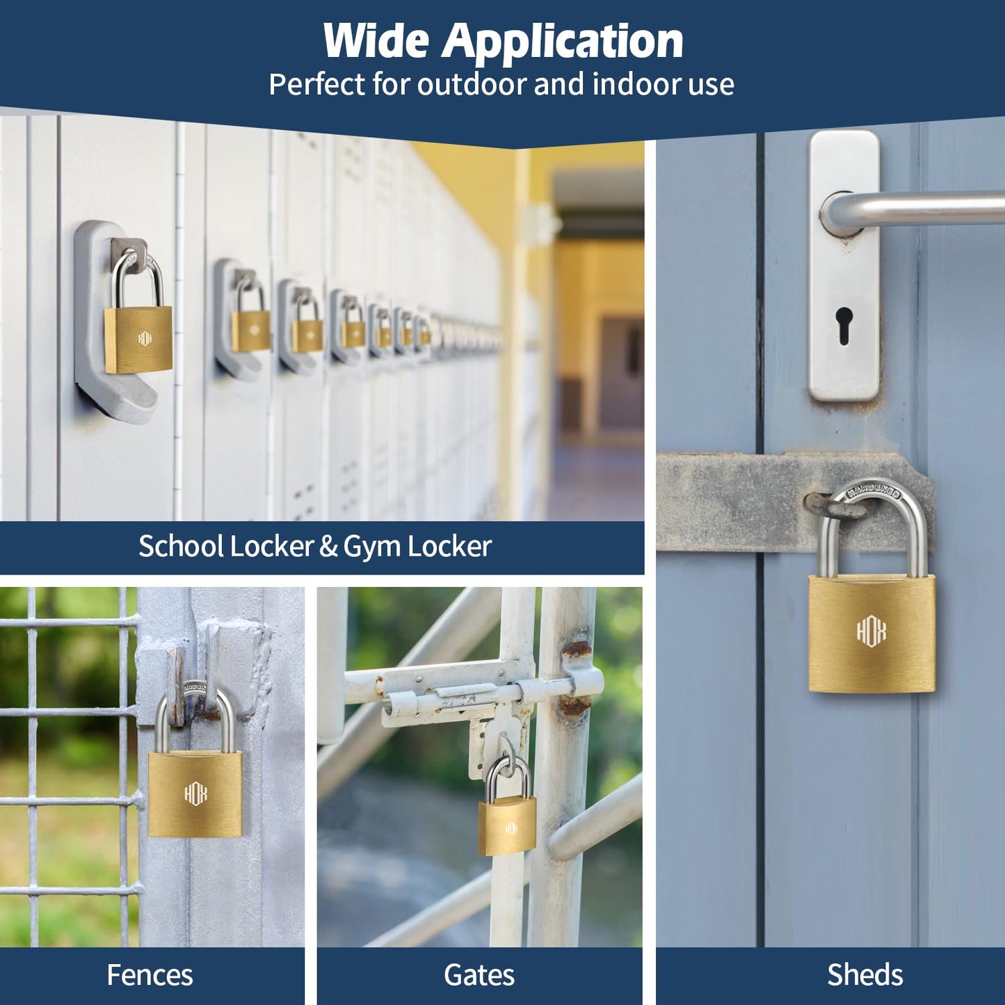 HOX 6-Pack Keyed Padlock, Waterproof and Rustproof, Solid Brass Lock with 1-1/4" Wide Body, Padlock with Keys for Storage Unit, Sheds, Garages and Fence