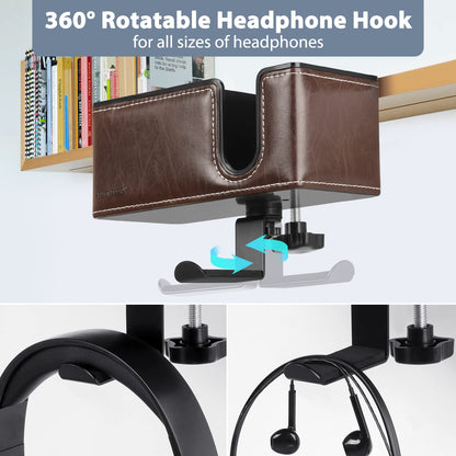 Aurynns Desk Cup Holder Clip on Pen Holder Headphone Hanger Headset Stand Rotatable Clamp Hook Under Desk (Brown)