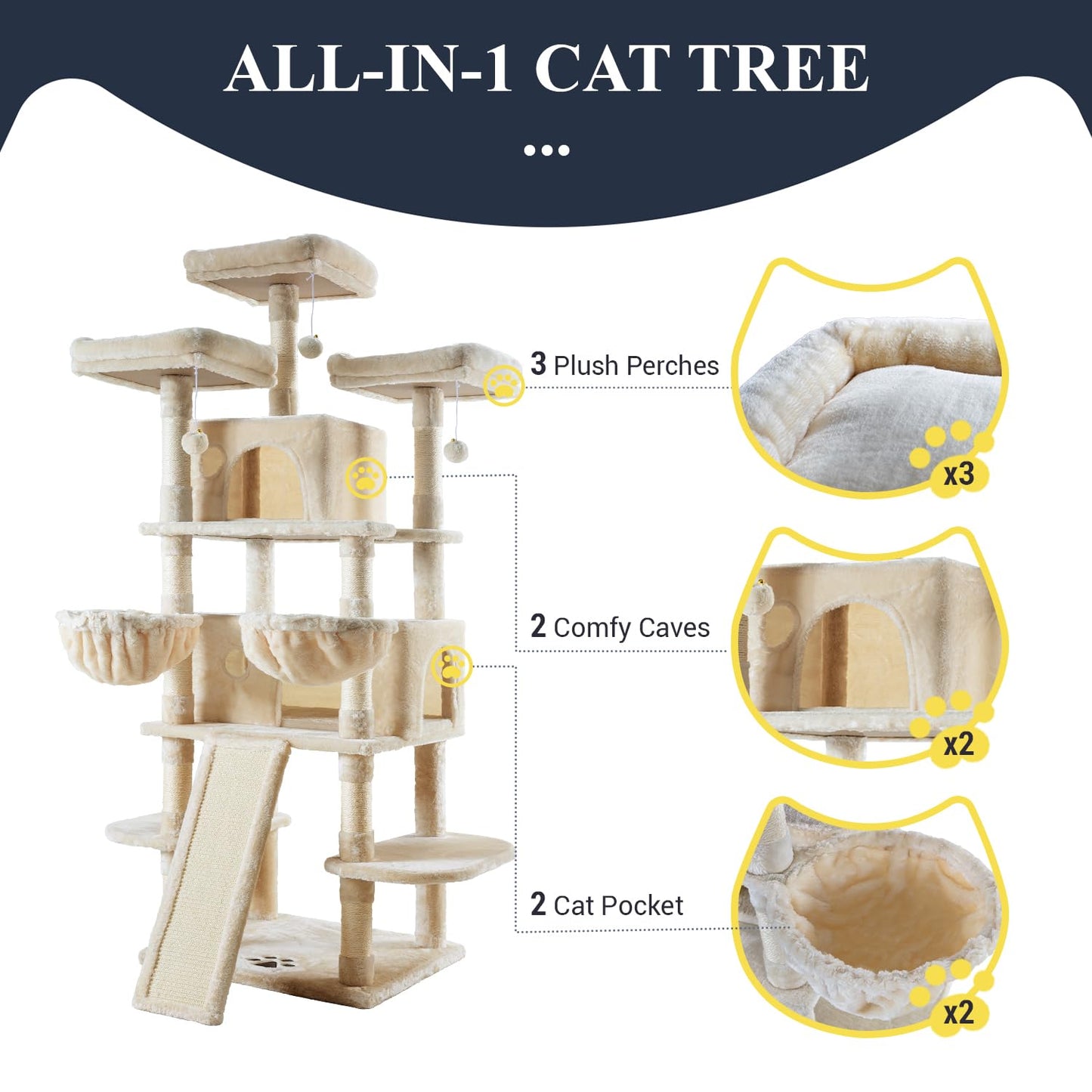 Allewie 68 Inches Cat Tree/House and Towers for Big Feline/Scratching Post/Multi-Level Large Kitty Climbing Tree with Condo/Beige