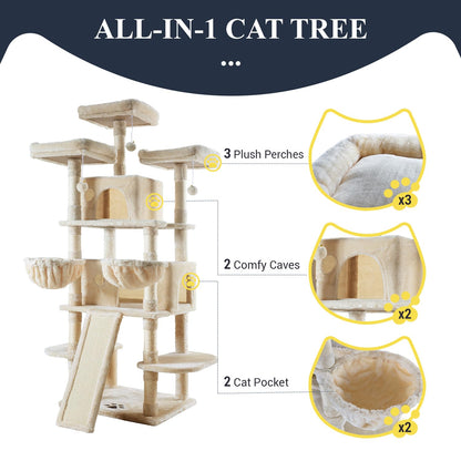 Allewie 68 Inches Cat Tree/House and Towers for Big Feline/Scratching Post/Multi-Level Large Kitty Climbing Tree with Condo/Beige