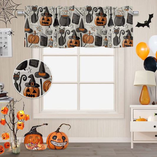 ALAGEO Halloween Valances Windows Curtain Pumpkin with Witch Hat Kitchen Valances Rod Pocket Black Cat Retro Style Short Topper Curtains for Kitchen Bathroom Living Room 1 Panel,54 by 18 inches