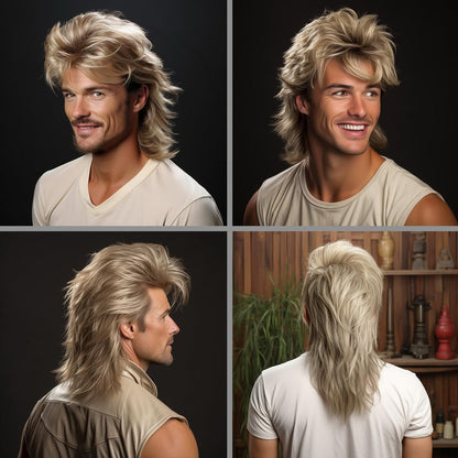 Blonde Mullet wig|Adult Funny Wigs for Men|Pop Rock Wig|Joe Dirt Wig for 70s|80s Wig