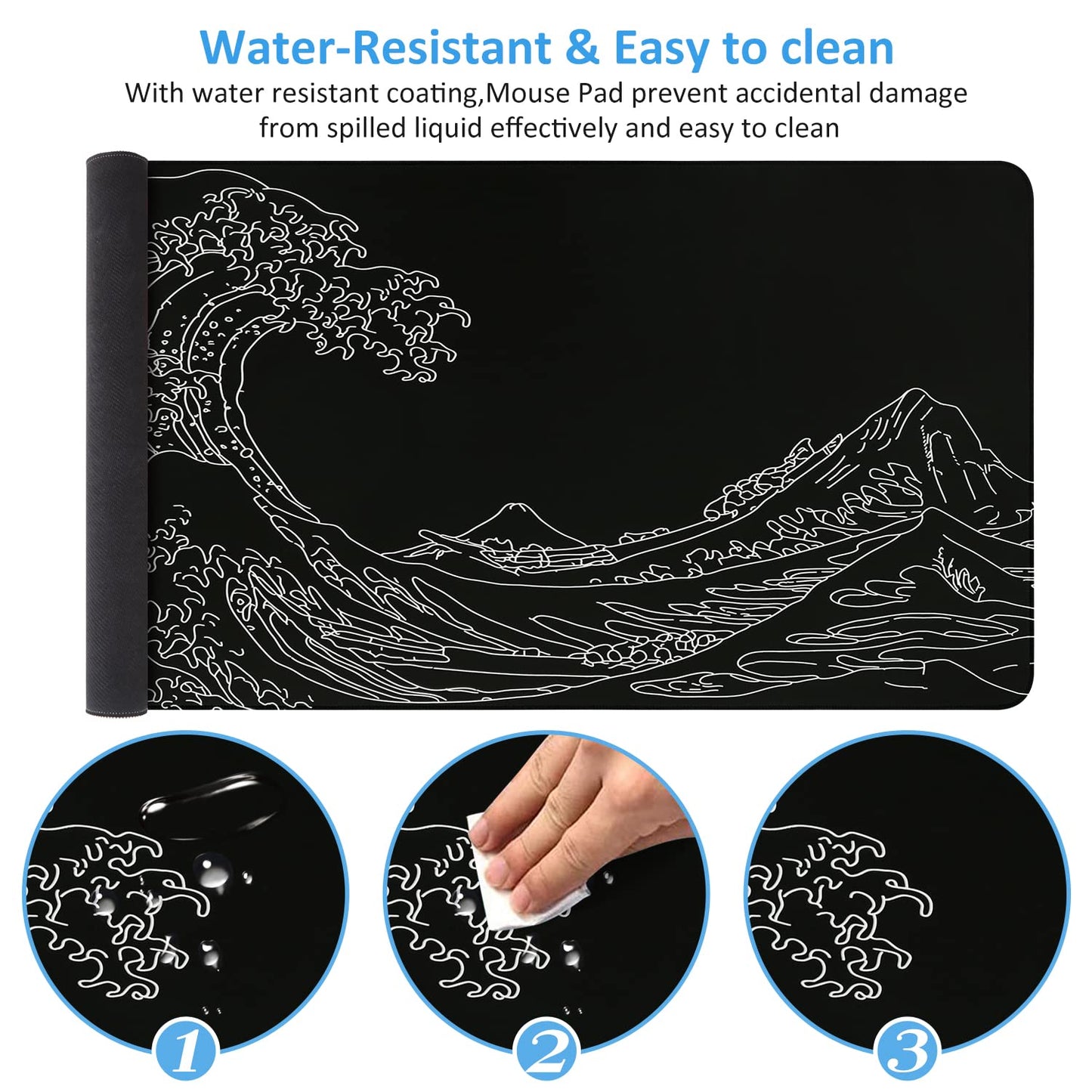 iCasso Mousepad, Gaming Mouse Pad, XXL Large Desk Mat, Big Rubber Base Mouse Mat with Stitched Edges, Computer Keyboard Desk Pad for Work, Game, Office, Home - Black Wave of Kanagawa