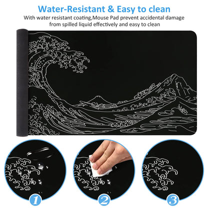 iCasso Mousepad, Gaming Mouse Pad, XXL Large Desk Mat, Big Rubber Base Mouse Mat with Stitched Edges, Computer Keyboard Desk Pad for Work, Game, Office, Home - Black Wave of Kanagawa