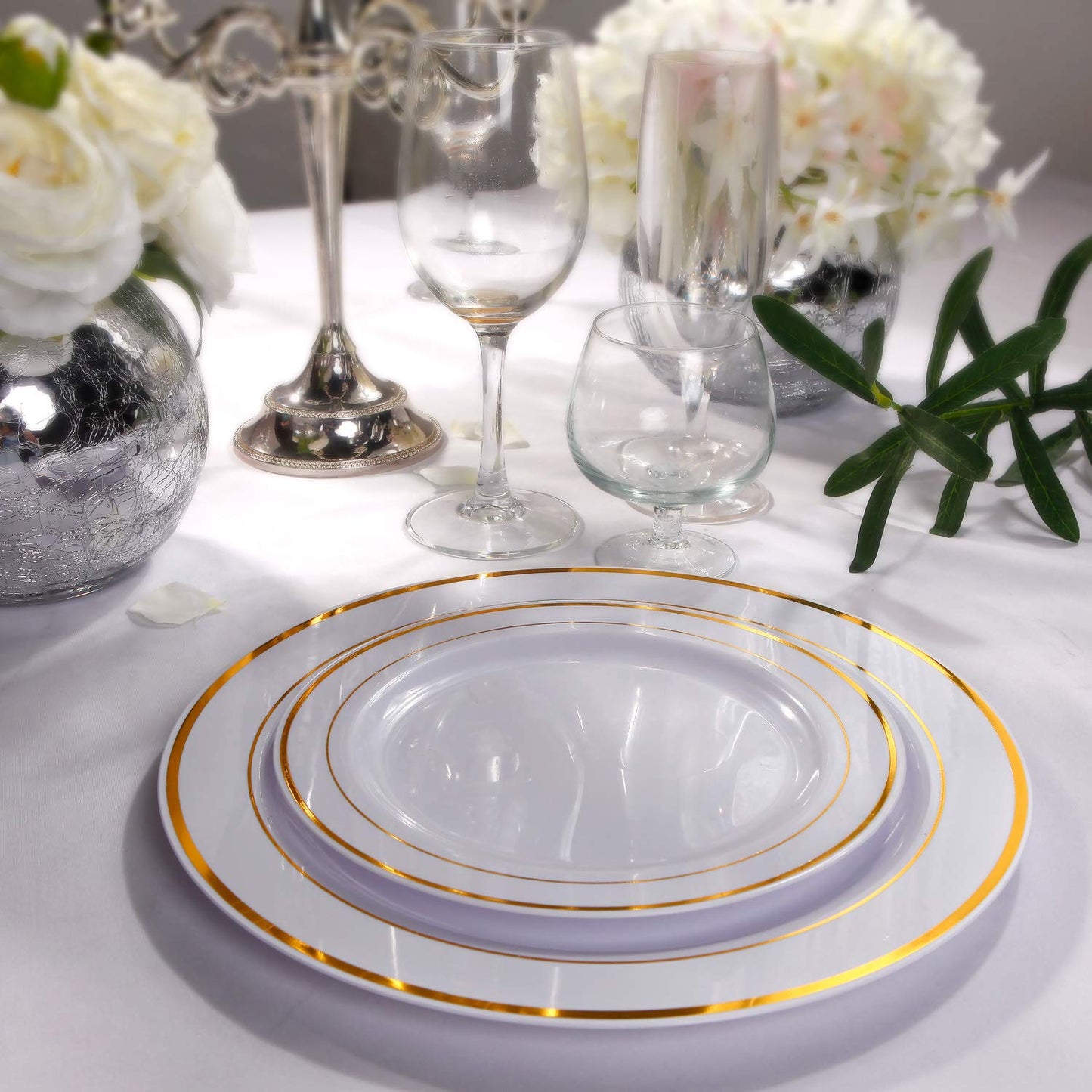 I00000 102 Pieces Gold Plastic Plates, Disposable Party Plates White Gold Rim, 51 Disposable Gold Dinner Plates 10.25 Inch and 51 Disposable Dessert Appetizer Elegant Fancy Wedding Plates 7.5 Inch