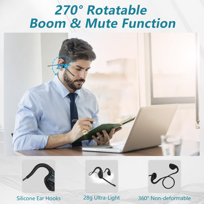 BANIGIPA Bluetooth Headset with Boom Microphone, Open Ear Headphones w/Noise Canceling Mic, Wireless Headset for Phone Laptop PC Computer, Light and Comfortable for Office Meeting Home Working-10 Hrs