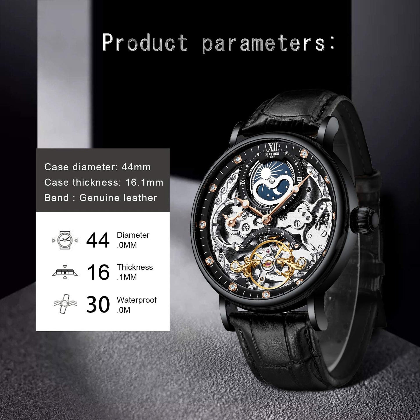 IK COLOURING Mens Luxury Skeleton Automatic Mechanical Wrist Watches Leather Moon Phrase Luminous Hands Self-Wind Watch