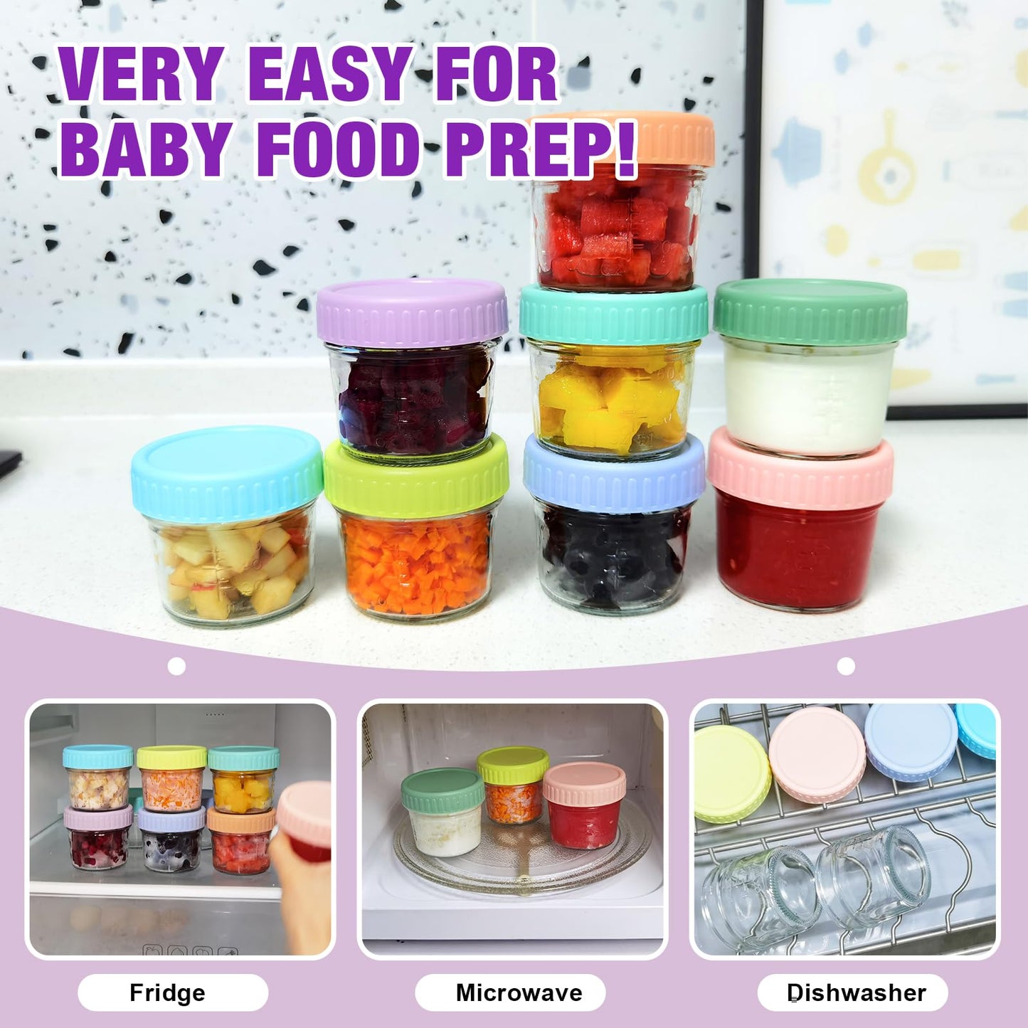 8 Pack Glass Baby Food Storage Containers, 4 oz Baby Food Storage Jars With Lids, Microwave, Dishwasher & Freezer Safe, BPA-Free Baby Food Jars, Suitable for Toddler Foods, Fruit , Purees, Snack