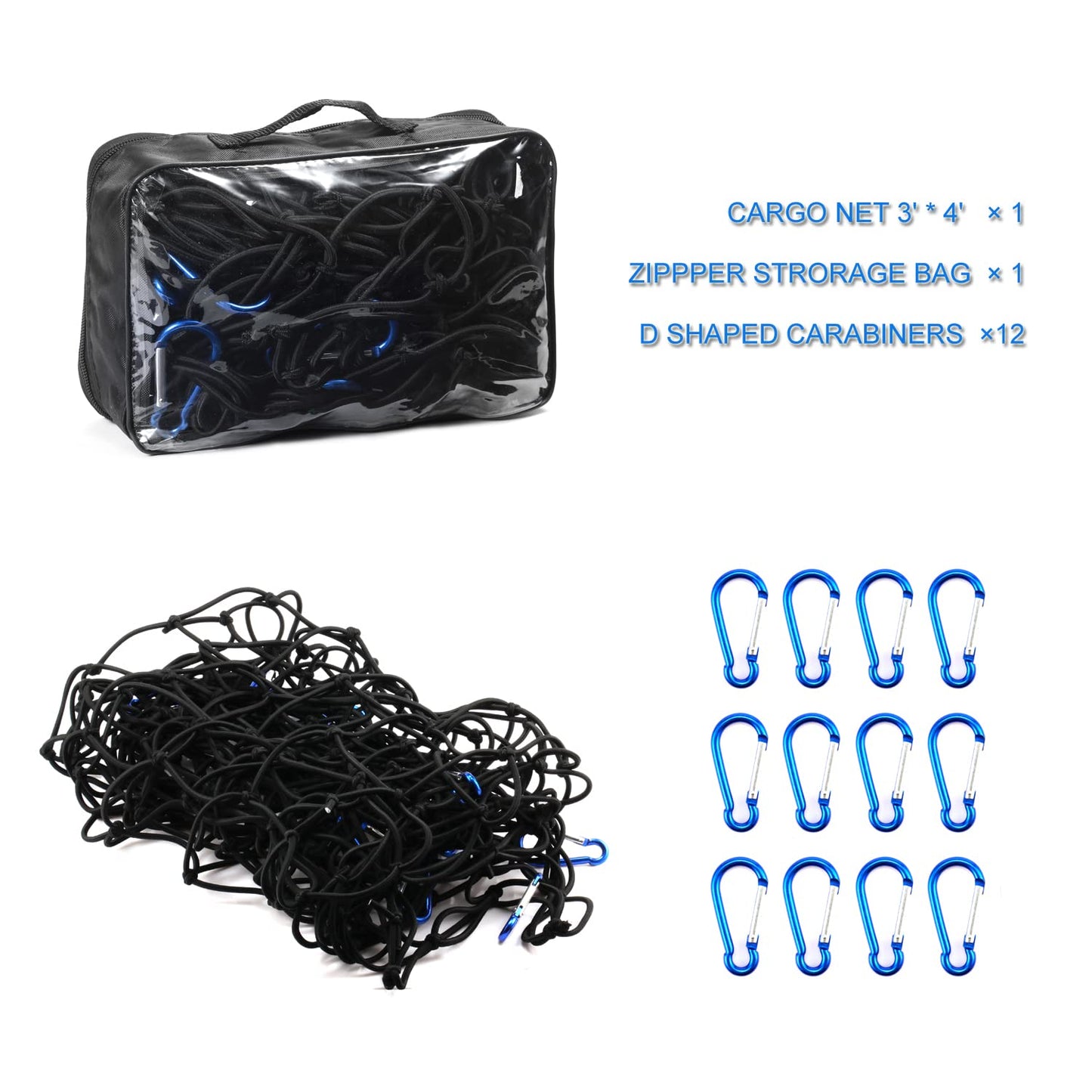 Amiss 3' x4' Stretches to 6' x 8' Truck Cargo Net, Roof Rack Cargo Net for Pickup Trucks SUV, Heavy Duty Truck Bed Cargo Bungee Net with 12 Blue Clips and Storage Bag， Car Exterior Accessories