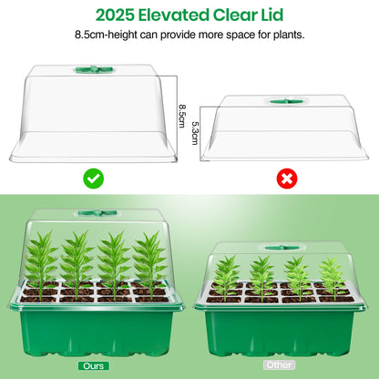 Bonviee 5 Packs Seed Starter Tray with Plant Light, Elevated Seedling Starter Trays Kits with Adjustable Humidity Domes and Clear Cell Tray, 12 Full Spectrum led lamp Beads for Plants Indoor-Green